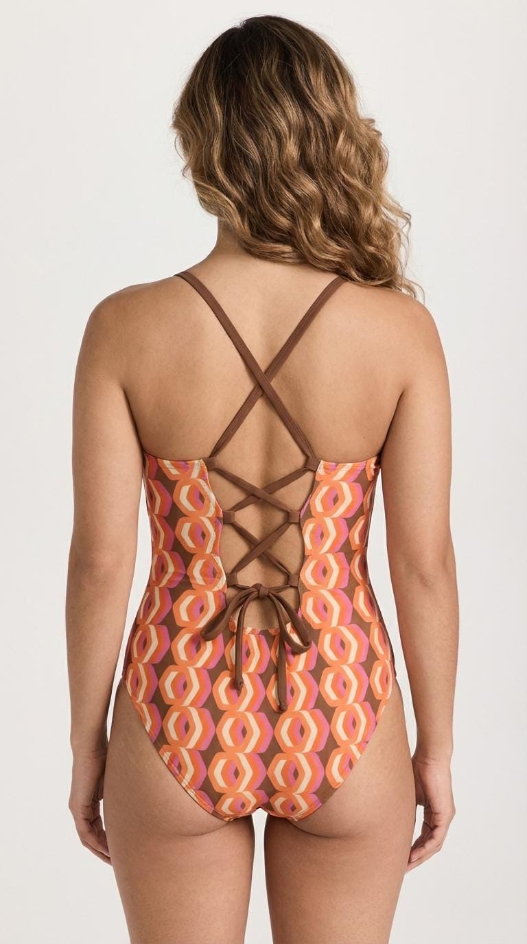 Retro Boho Sixties Mod Push-Up One-Piece Swimsuit with Lace-Up Back, Brown & Orange