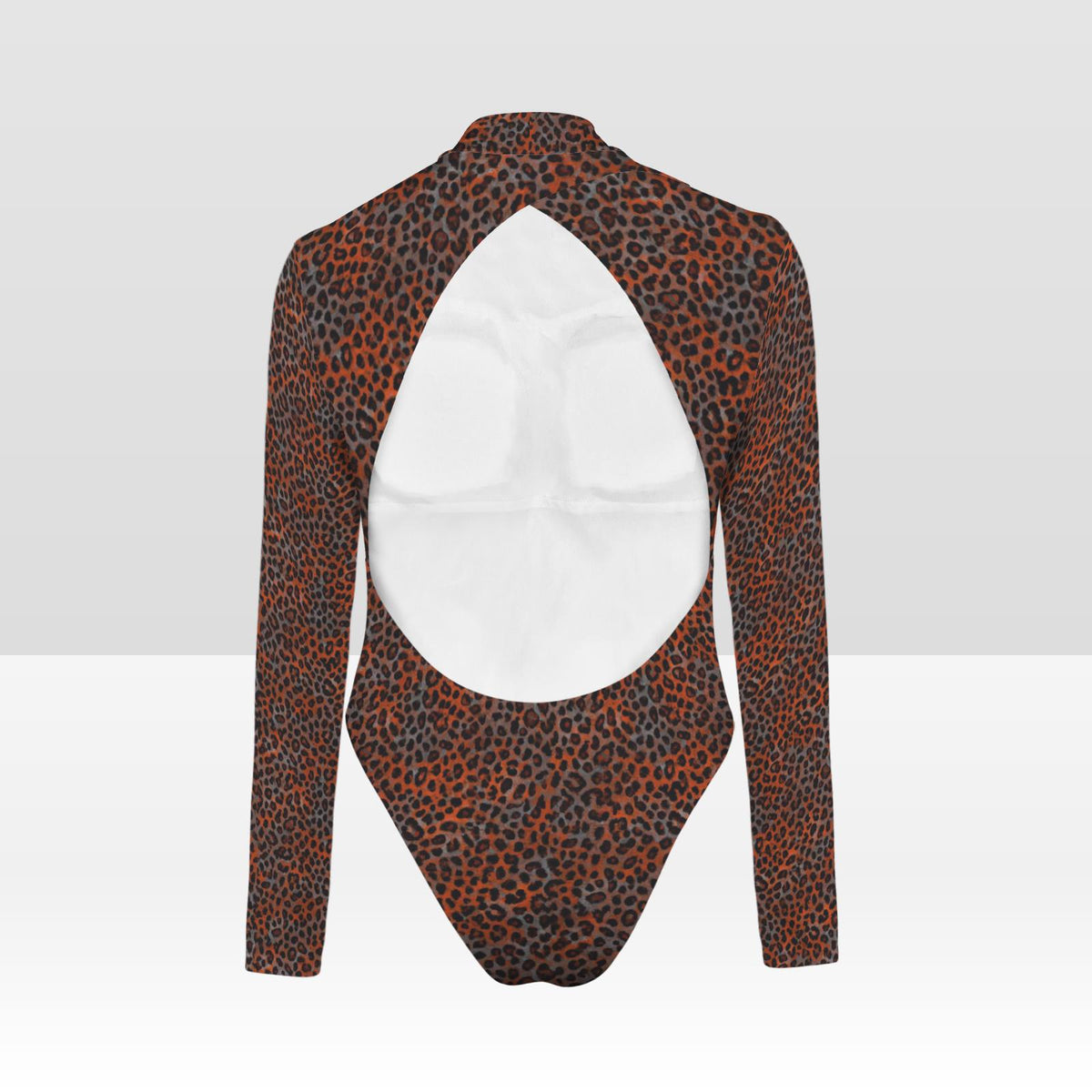 Vampire Art Retro Elegance Backless Long Sleeve Thumbhole Swimsuit, Grunge Rust Brown Leopard