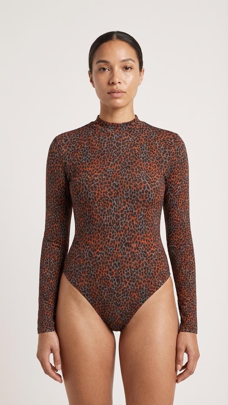 Vampire Art Retro Elegance Backless Long Sleeve Thumbhole Swimsuit, Grunge Rust Brown Leopard
