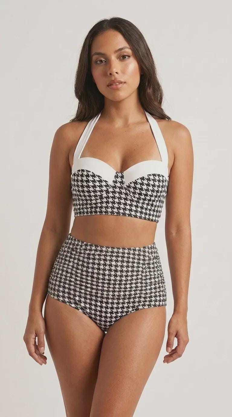 Vintage-Style High-Waisted Bikini | Retro Sweetheart Houndstooth Checkered Pin-Up Halter Ruched Two-Piece Swimsuit, Black & White