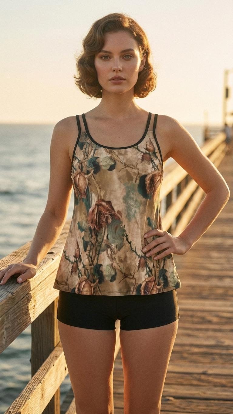 Grunge Faded Roses Print Tankini – Active Swimsuit with Boyshorts