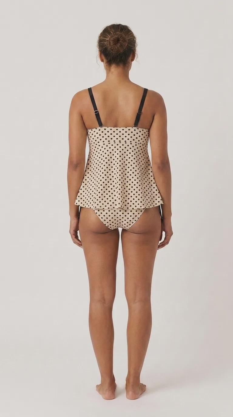 Beige Polka Dot Adjustable Drawstring Tankini Swim Dress | Split Two-Piece Retro Swimsuit