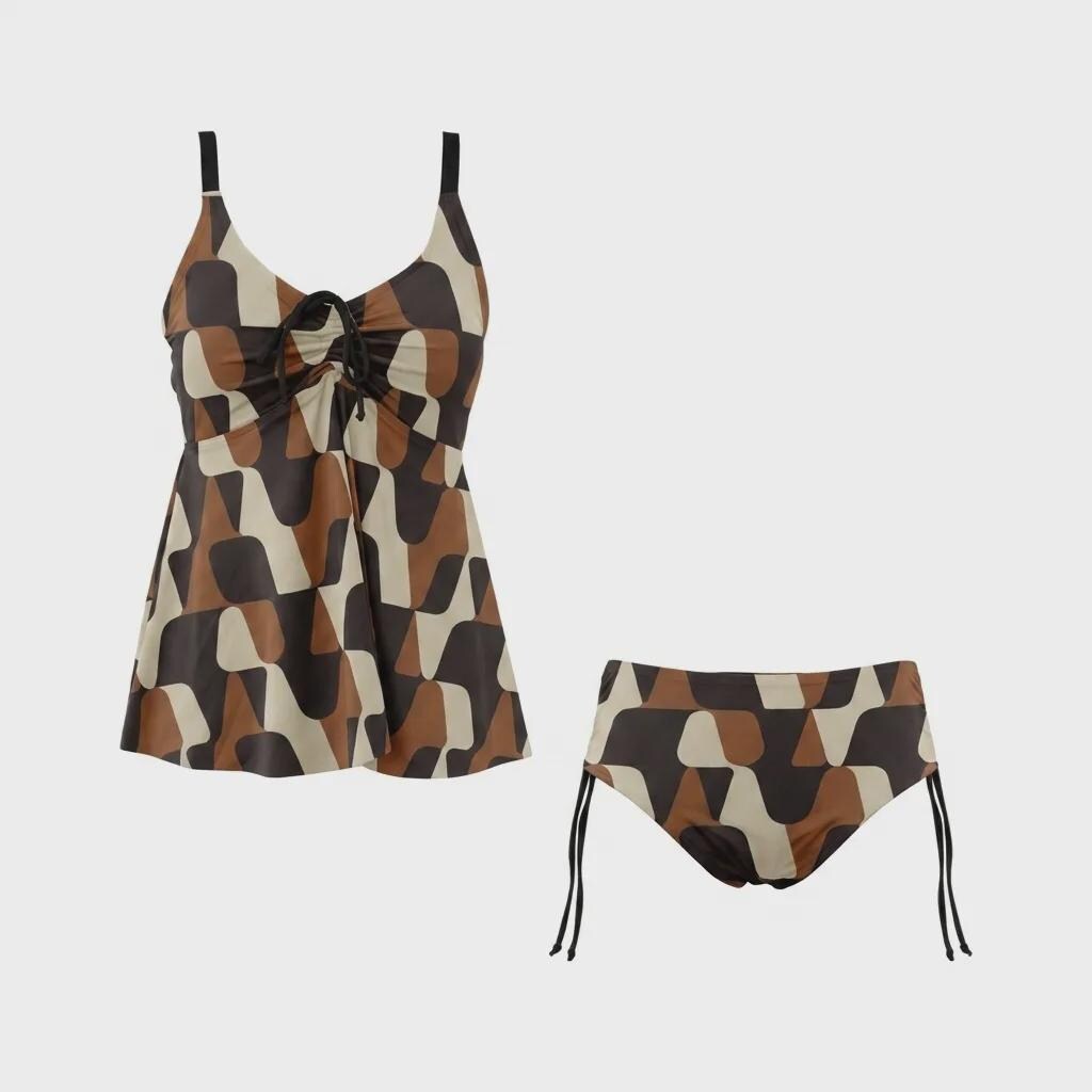 1960s-Brown Adjustable Drawstring Tankini Swim Dress | Split Two-Piece Retro Swimsuit