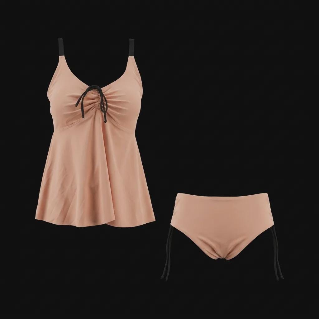 Faded Apricot Adjustable Drawstring Tankini Swim Dress | Split Two-Piece Nude Retro Swimsuit