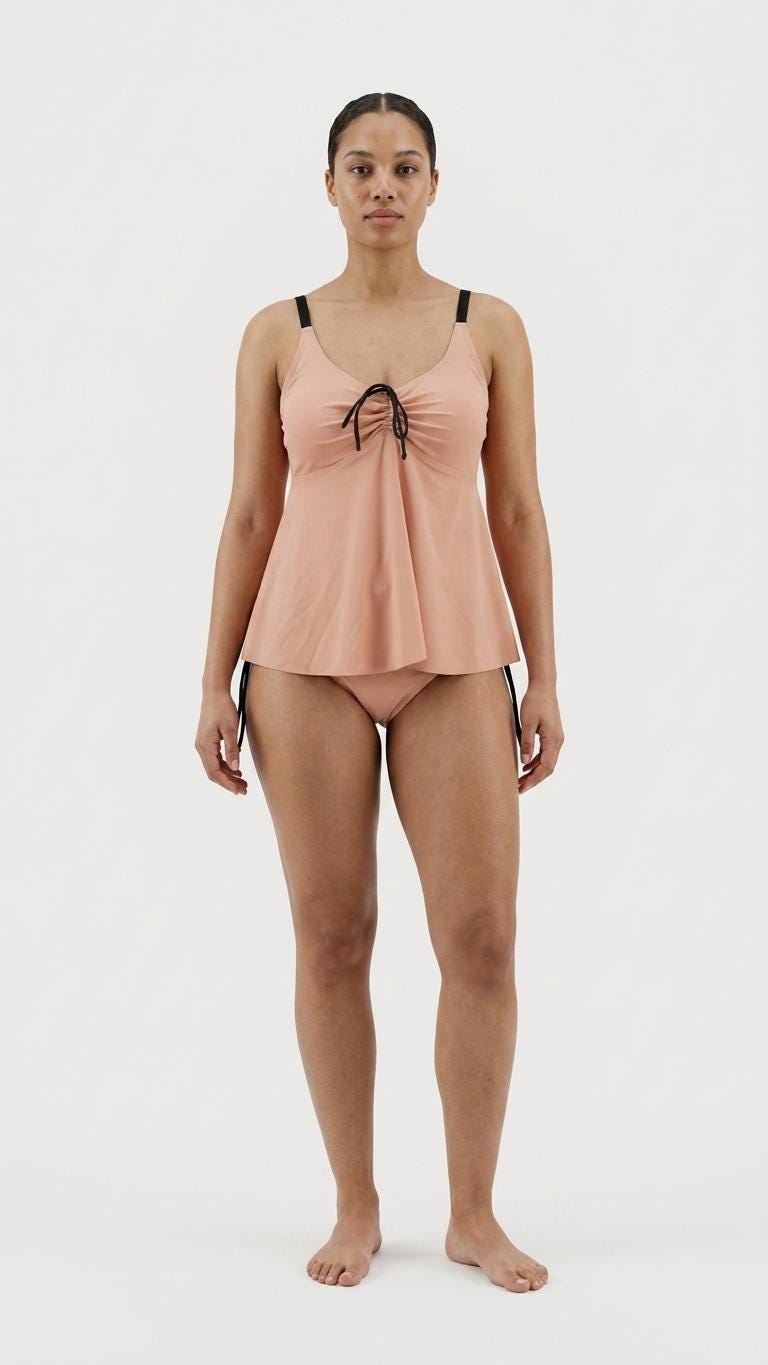 Faded Apricot Adjustable Drawstring Tankini Swim Dress | Split Two-Piece Nude Retro Swimsuit
