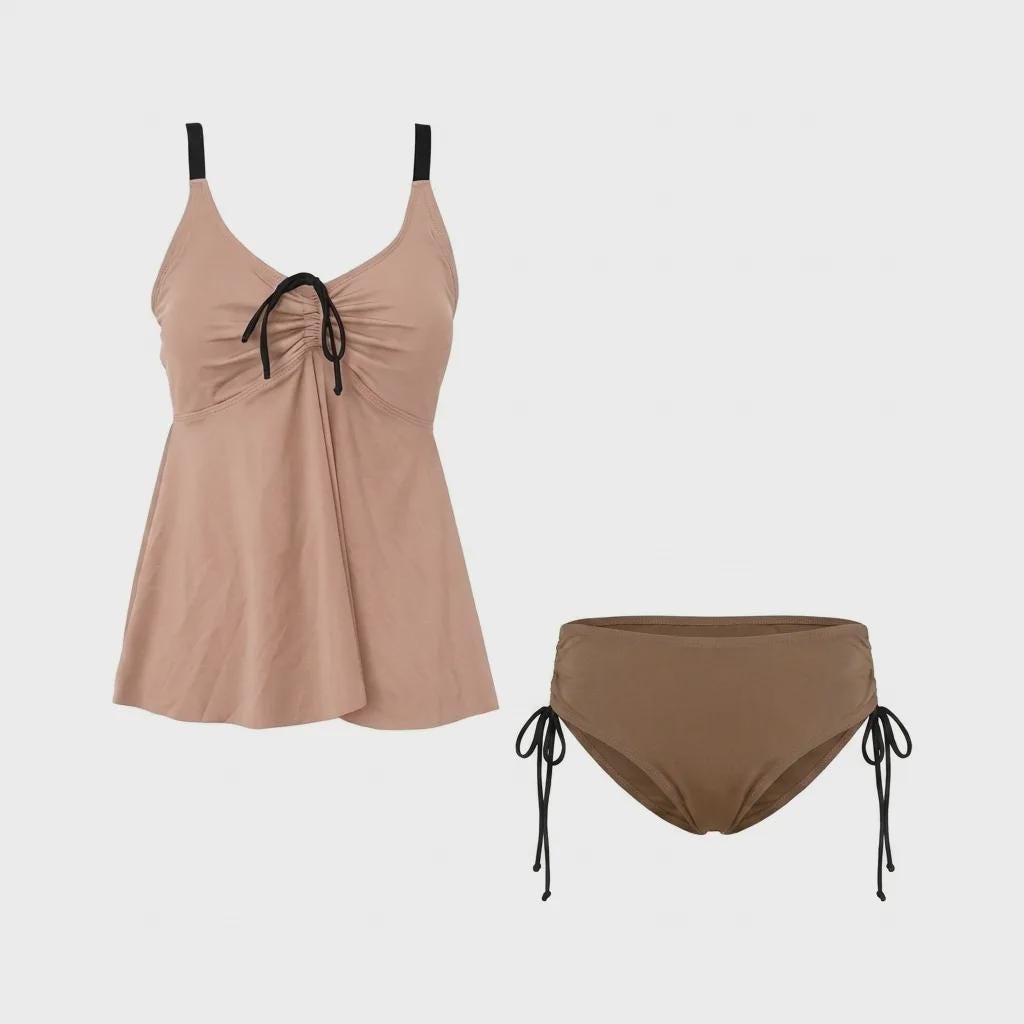 Rose and Tobacco Adjustable Drawstring Tankini Swim Dress | Split Two-Piece Retro Swimsuit