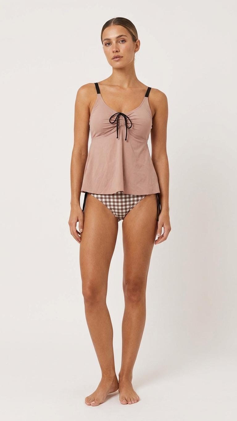Rose and Brown Gingham Adjustable Drawstring Tankini Swim Dress | Split Two-Piece Retro Swimsuit