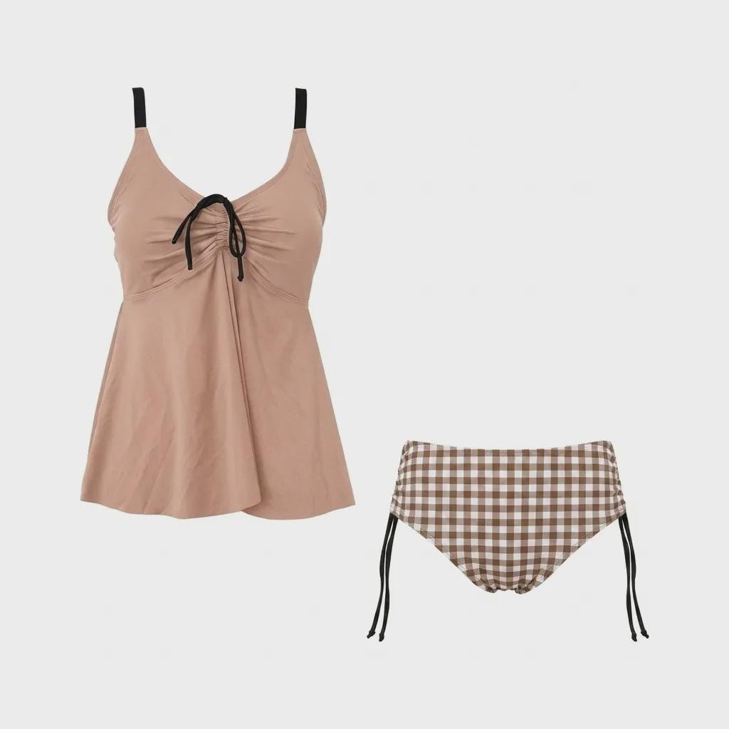 Rose and Brown Gingham Adjustable Drawstring Tankini Swim Dress | Split Two-Piece Retro Swimsuit