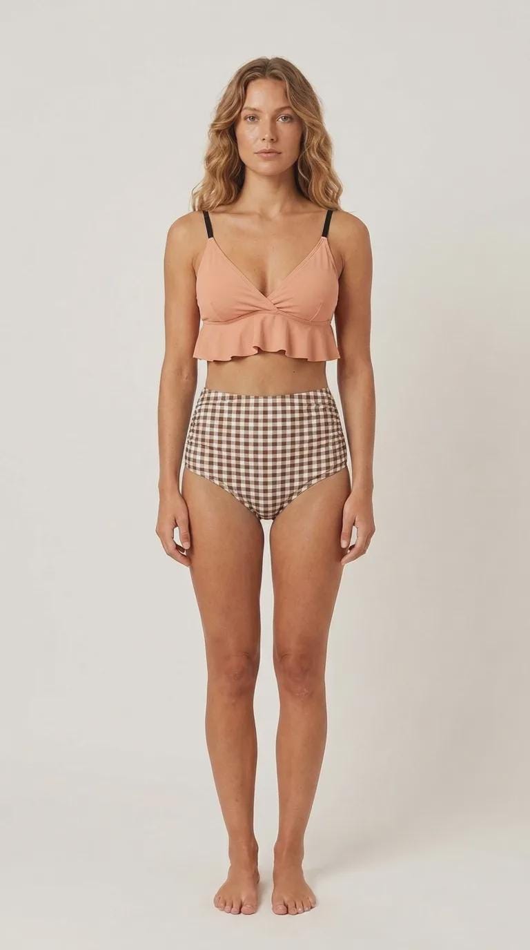 Rose and Tobacco Brown Ruffle Hem Bikini Swimsuit | High Waisted Ruched Two-Piece Retro Swimwear