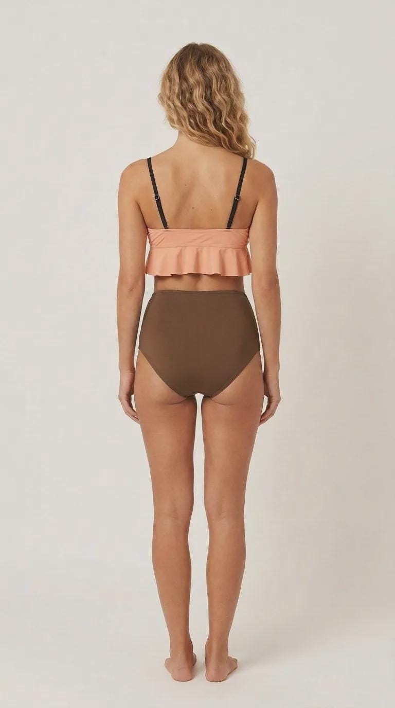 Rose and Tobacco Brown Ruffle Hem Bikini Swimsuit | High Waisted Ruched Two-Piece Retro Swimwear