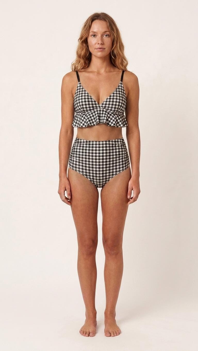 Black and White Gingham Ruffle Hem Bikini Swimsuit | High-Waist Ruched Two-Piece Retro Swimwear
