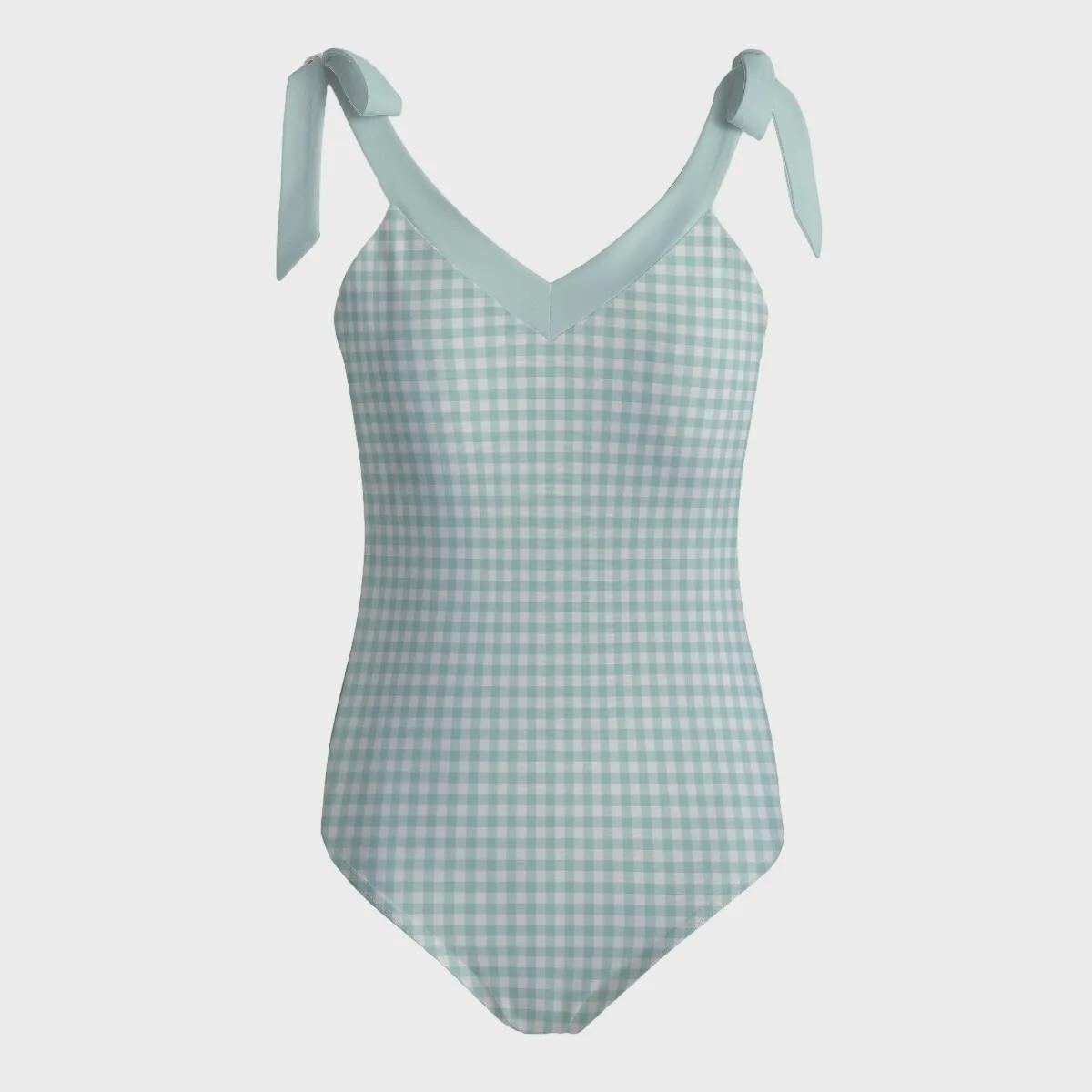 Retro Romantic Gingham Tie Shoulder One-Piece Swimsuit, Built-In Chest Pads, S-5XL, Mint