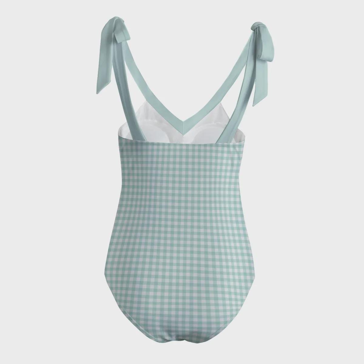 Retro Romantic Gingham Tie Shoulder One-Piece Swimsuit, Built-In Chest Pads, S-5XL, Mint