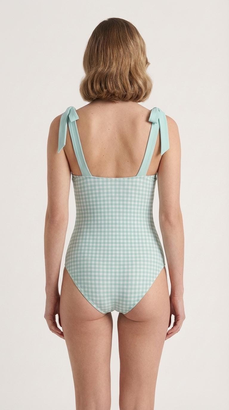 Retro Romantic Gingham Tie Shoulder One-Piece Swimsuit, Built-In Chest Pads, S-5XL, Mint