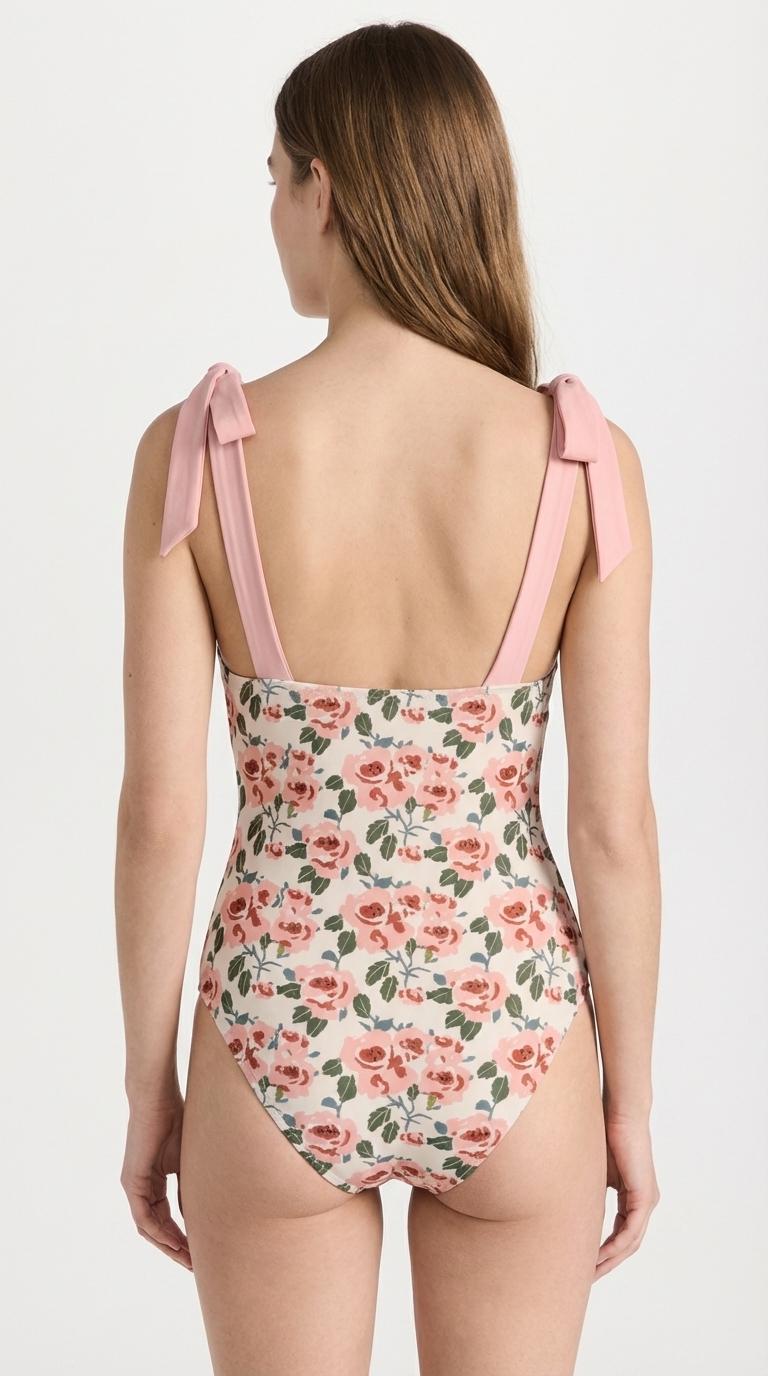 Retro Romantic Floral Tie Shoulder One-Piece Swimsuit, Built-In Chest Pads, S-5XL, Classic Roses