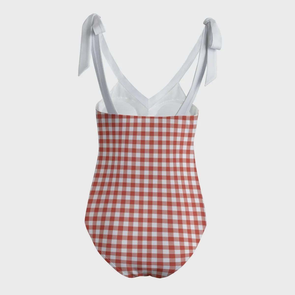 Retro Romantic Gingham Tie Shoulder One-Piece Swimsuit, Built-In Chest Pads, S-5XL, Red
