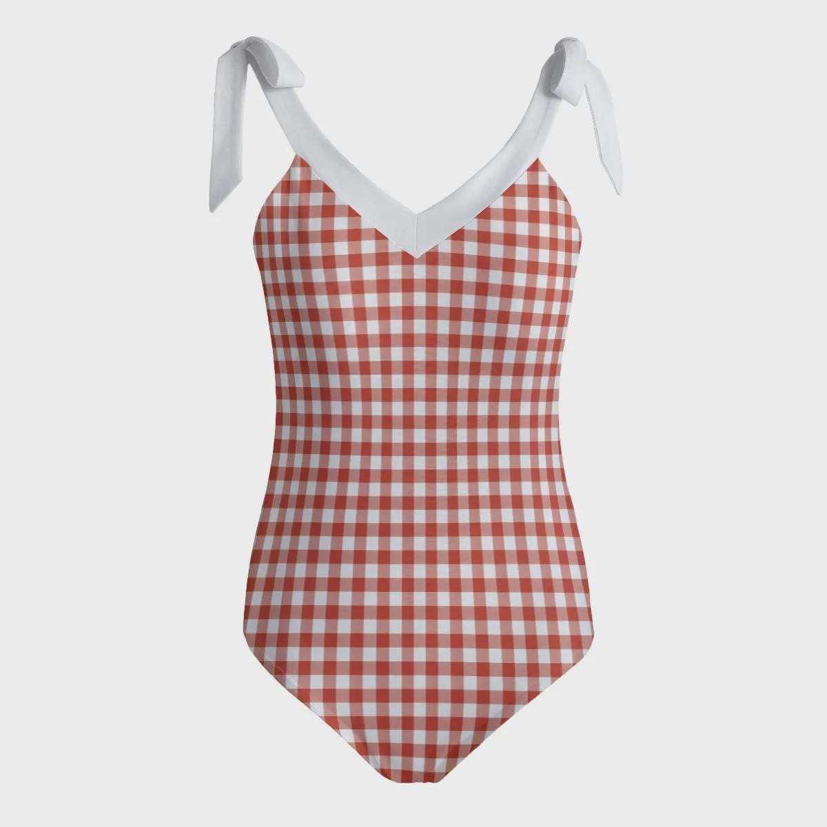 Retro Romantic Gingham Tie Shoulder One-Piece Swimsuit, Built-In Chest Pads, S-5XL, Red