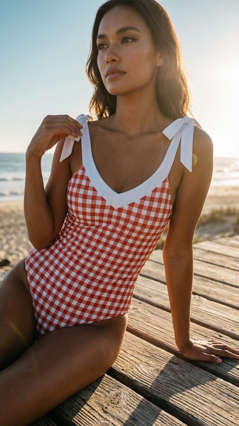 Retro Romantic Gingham Tie Shoulder One-Piece Swimsuit, Built-In Chest Pads, S-5XL, Red