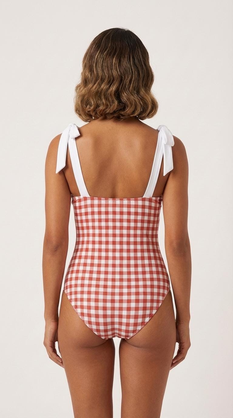 Retro Romantic Gingham Tie Shoulder One-Piece Swimsuit, Built-In Chest Pads, S-5XL, Red
