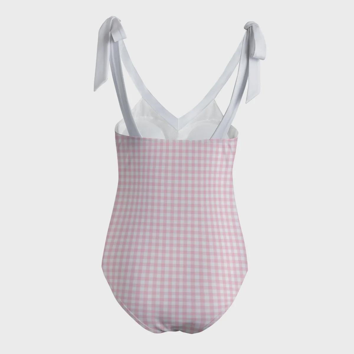 Retro Romantic Gingham Tie Shoulder One-Piece Swimsuit, Built-In Chest Pads, S-5XL, Coquette Pink