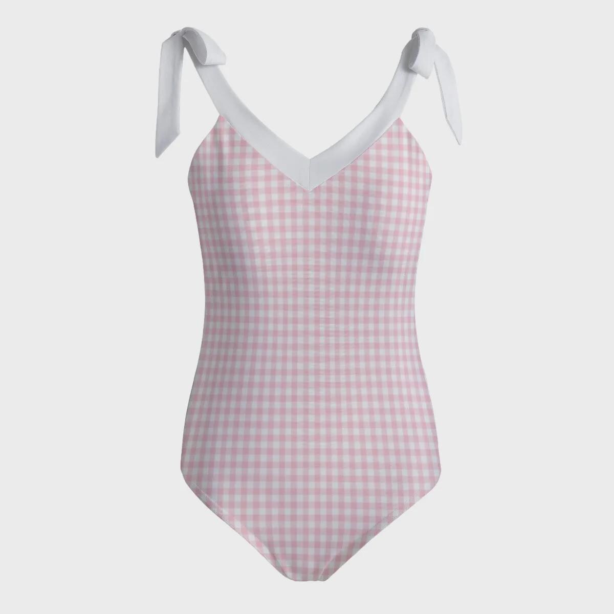 Retro Romantic Gingham Tie Shoulder One-Piece Swimsuit, Built-In Chest Pads, S-5XL, Coquette Pink