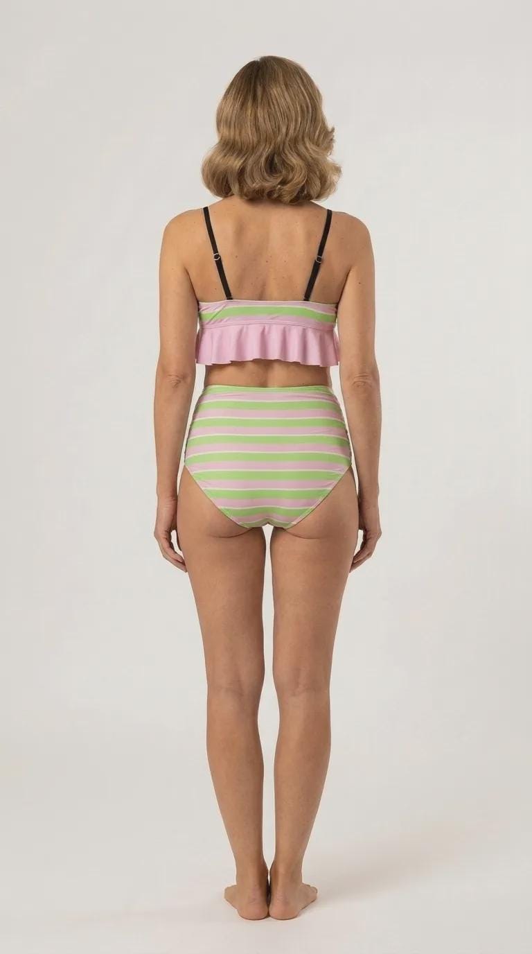 Pink and Green Brown Ruffle Hem Bikini Swimsuit | High Waisted Ruched Two-Piece Retro Swimwear