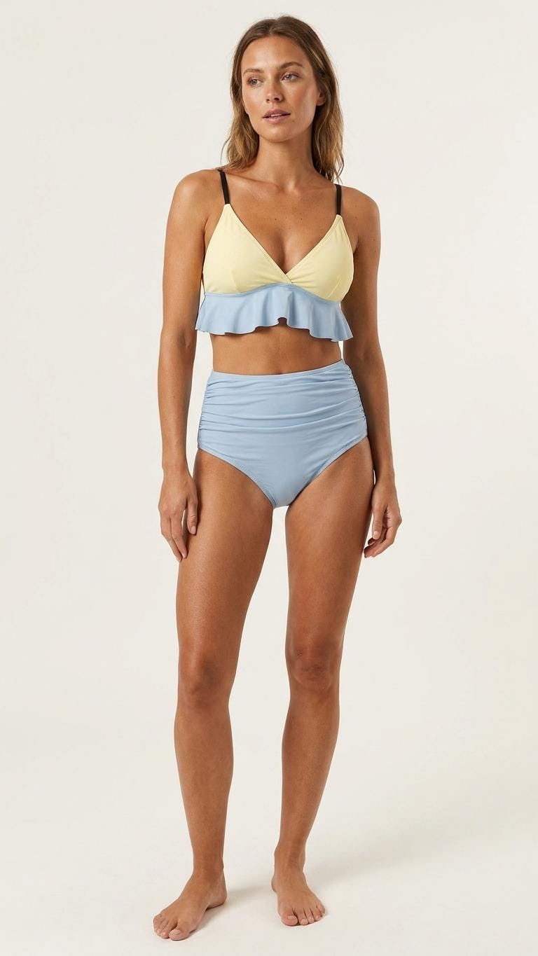 Buttermilk Vanilla and Blue Ruffle Hem Bikini Swimsuit | High-Waisted Ruched Two-Piece Retro Swimwear