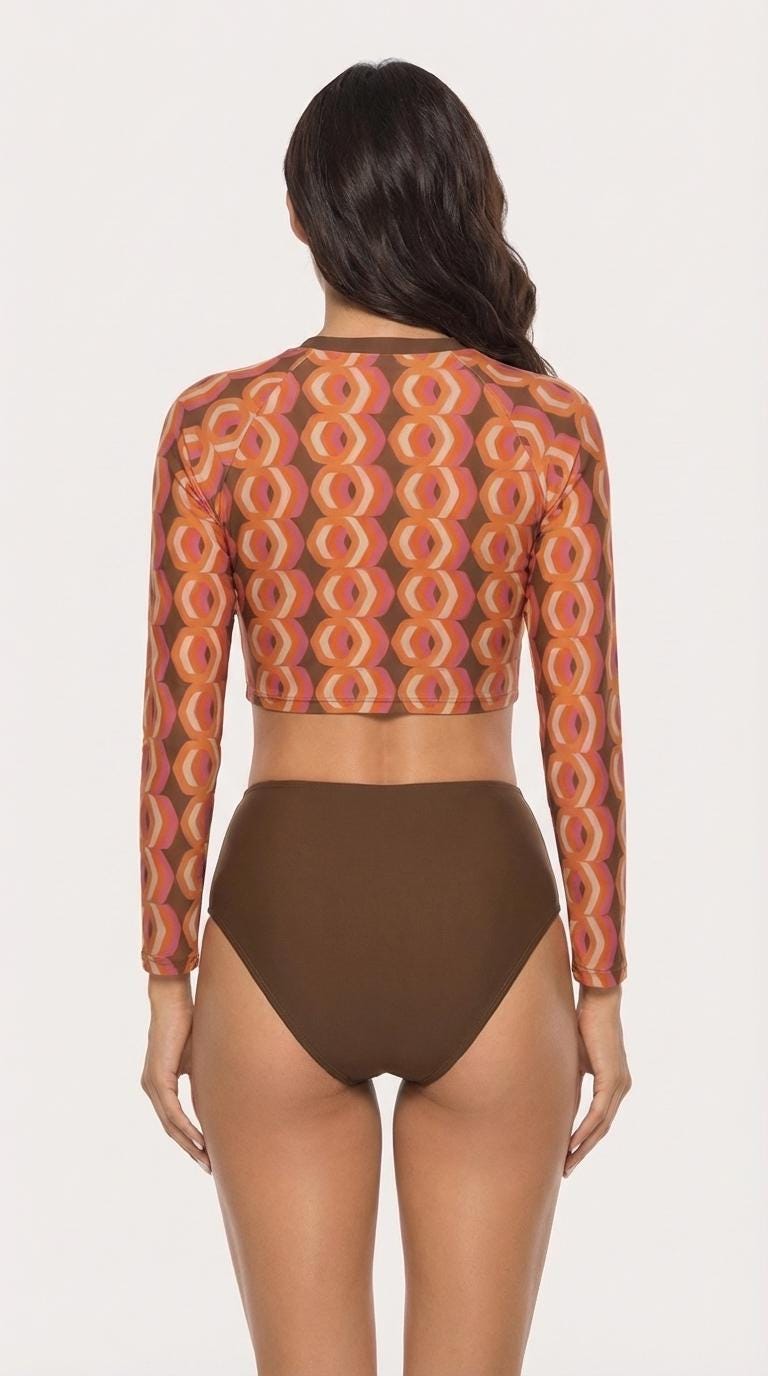60s Retro Surf Sporty Long-Sleeve Crop-Top Bikini | High-Waist Two-Piece Swimwear | Brown & Orange