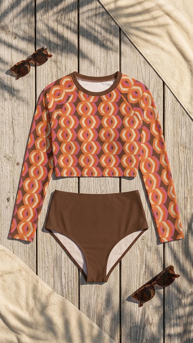 60s Retro Surf Sporty Long-Sleeve Crop-Top Bikini | High-Waist Two-Piece Swimwear | Brown & Orange