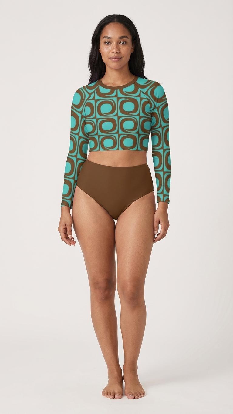 60s Retro Surf Sporty Long-Sleeve Crop-Top Bikini | High-Waist Two-Piece Swimwear | Brown & Cyan