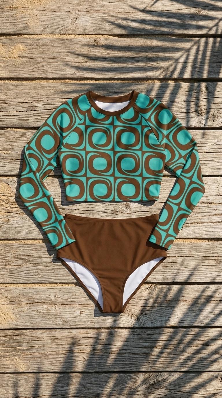 60s Retro Surf Sporty Long-Sleeve Crop-Top Bikini | High-Waist Two-Piece Swimwear | Brown & Cyan