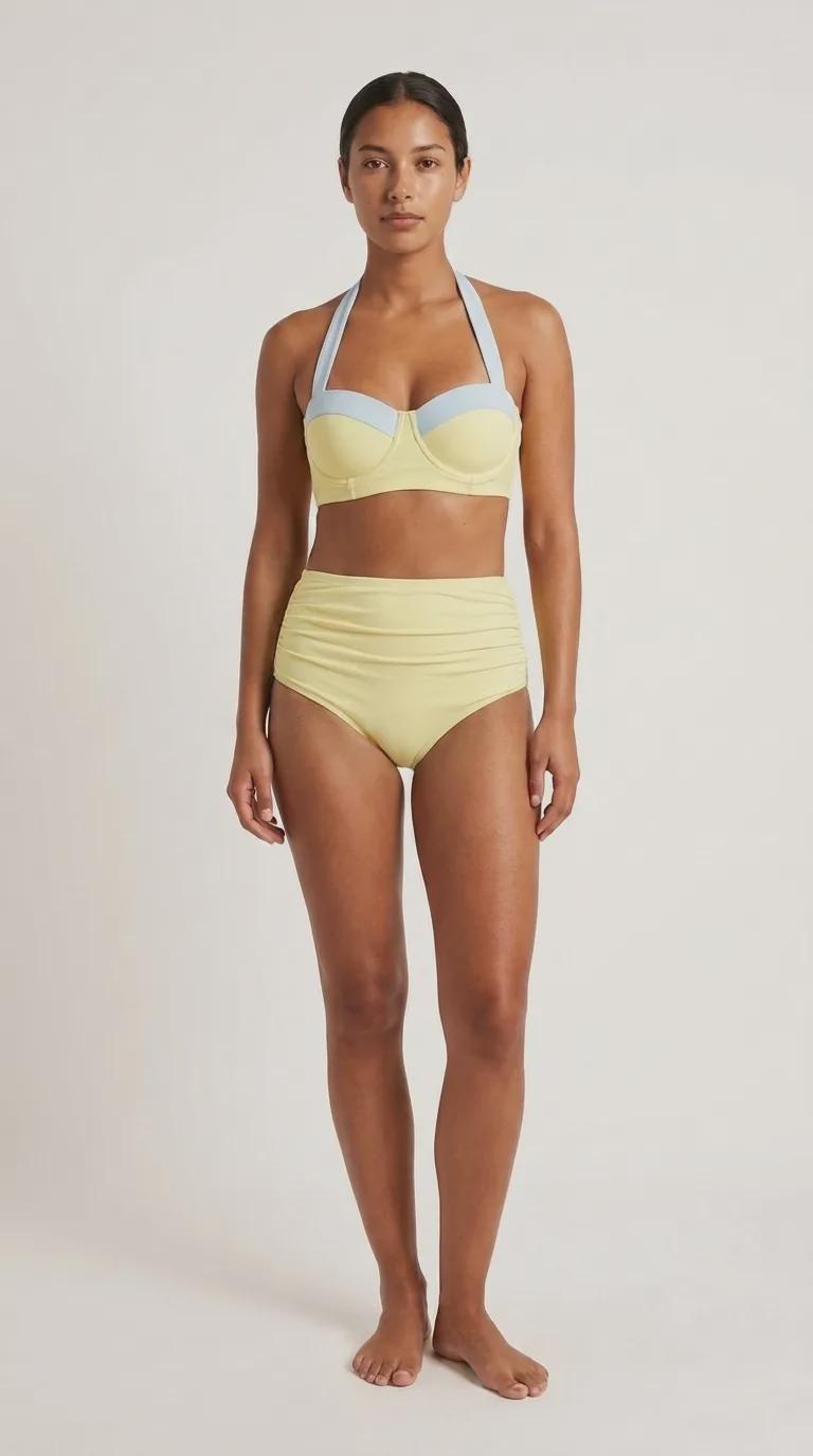 Retro Sweetheart High-Waist Bikini, Floral Pin Up Halter Swimsuit, Buttermilk Vanilla