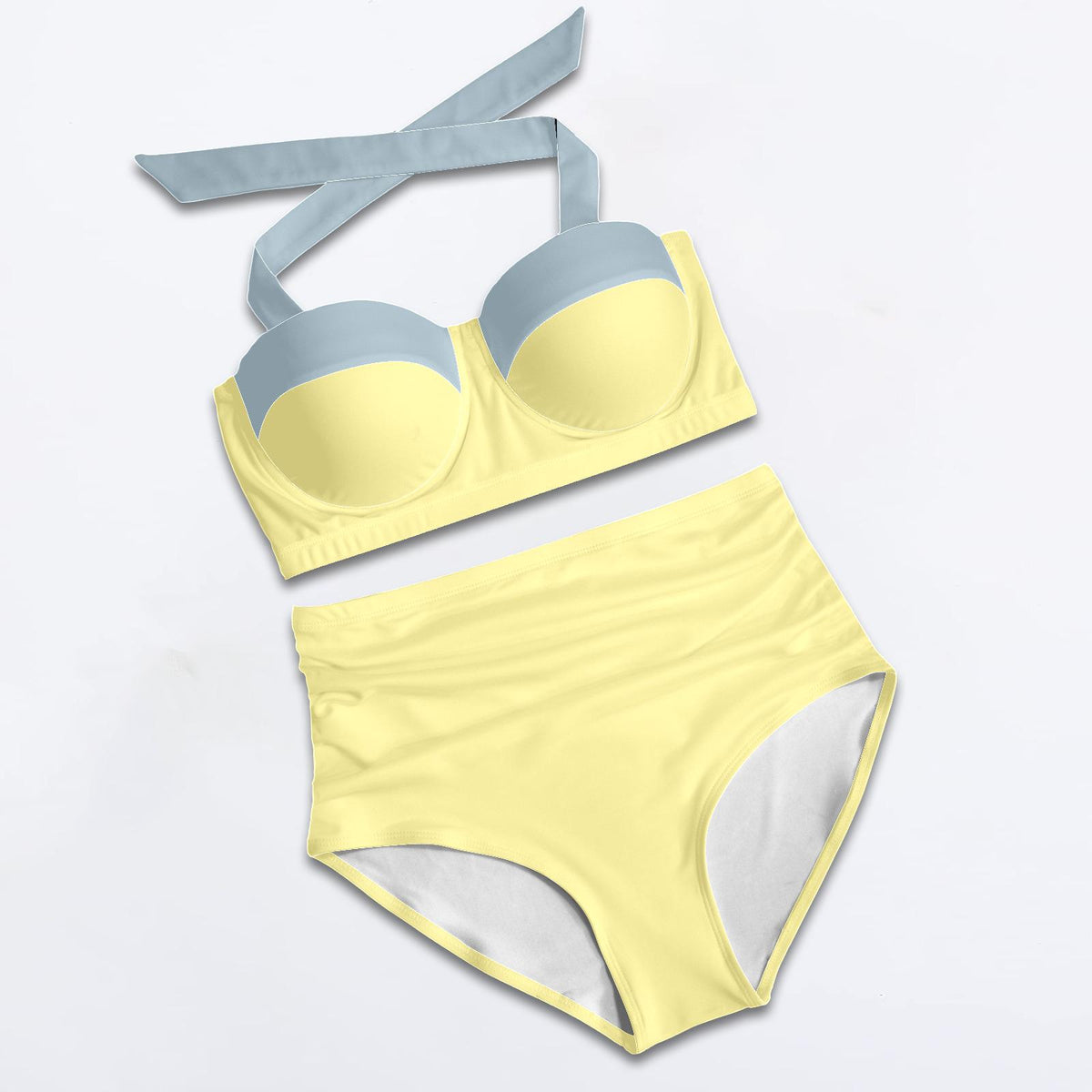 Retro Sweetheart High-Waist Bikini, Floral Pin Up Halter Swimsuit, Buttermilk Vanilla