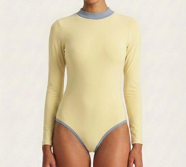 Long-Sleeve One-Piece Swimsuit - Back-Zipper - Lightweight & Sheer - Soft Chest-Pads - Buttermilk with Dusty Blue