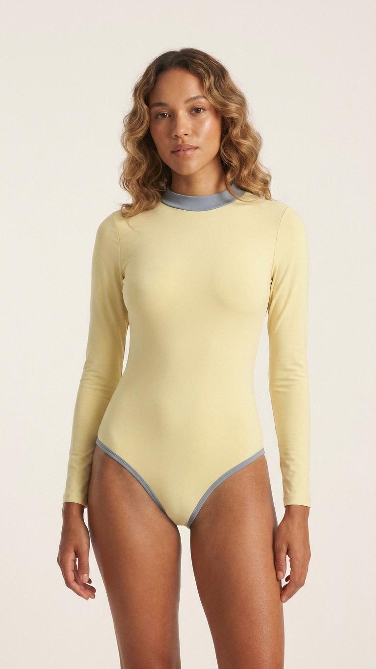 Long-Sleeve One-Piece Swimsuit - Back-Zipper - Lightweight & Sheer - Soft Chest-Pads - Buttermilk with Dusty Blue