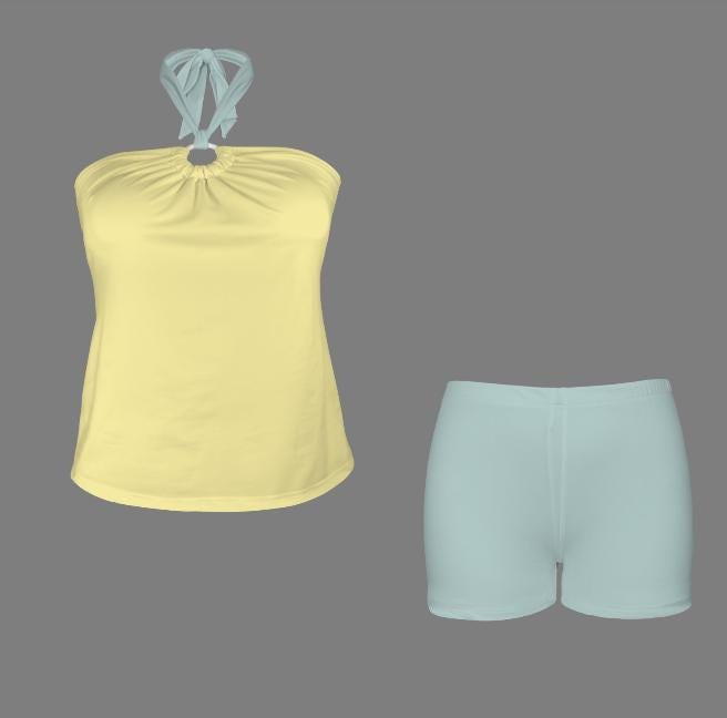 Halter Tankini Boyshorts Swimwear Set | Two-Piece Flattering Swimsuit | Buttermilk and Powder Blue