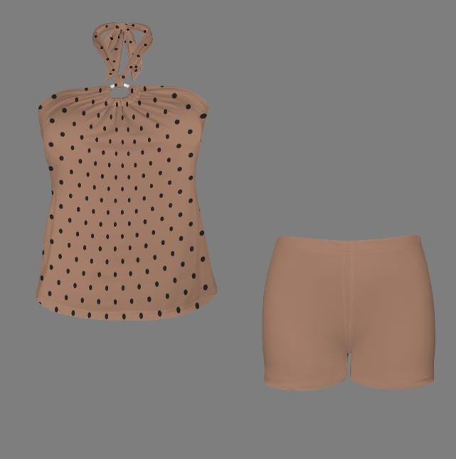 Halter Tankini Boyshorts Swimwear Set | Two-Piece Flattering Swimsuit | Brown Polka Dot