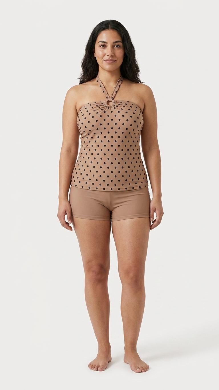 Halter Tankini Boyshorts Swimwear Set | Two-Piece Flattering Swimsuit | Brown Polka Dot