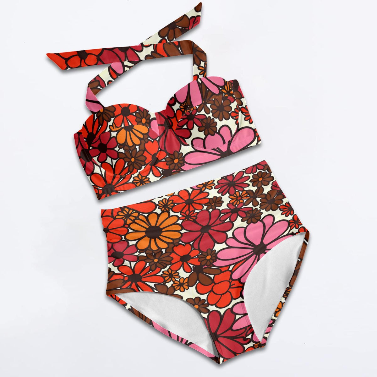 Retro Sweetheart High-Waist Bikini, 1960s-Inspired Pin Up Halter Swimsuit, Retro Red Florals