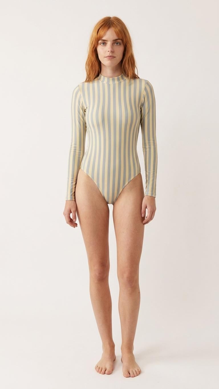 Long-Sleeve One-Piece Swimsuit - Back-Zipper - Lightweight & Sheer - Soft Chest-Pads - Buttermilk with Dusty Blue Stripes