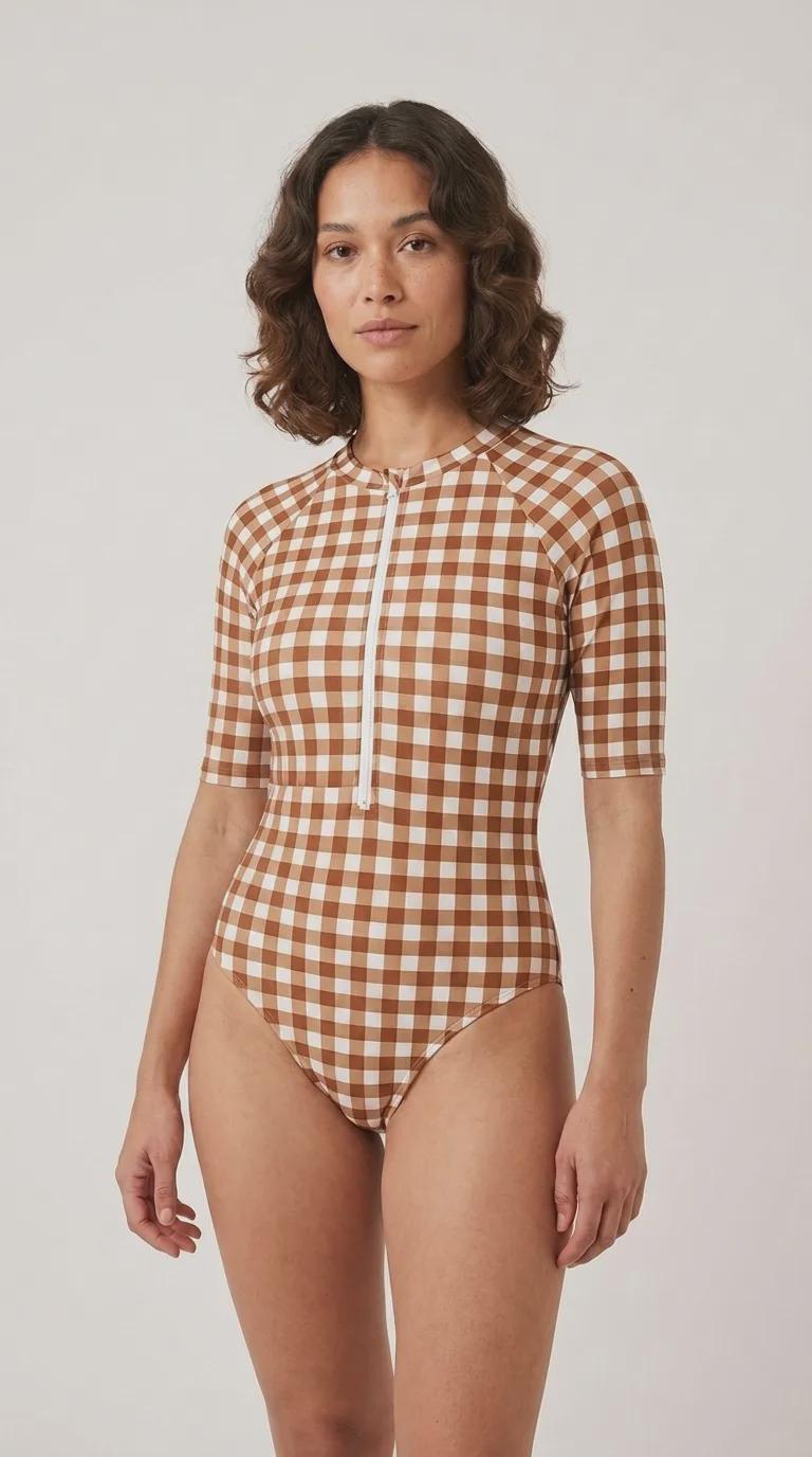Lightweight Brown Gingham Swimsuit, Zip Front, High Leg, Rash Guard - Unlined