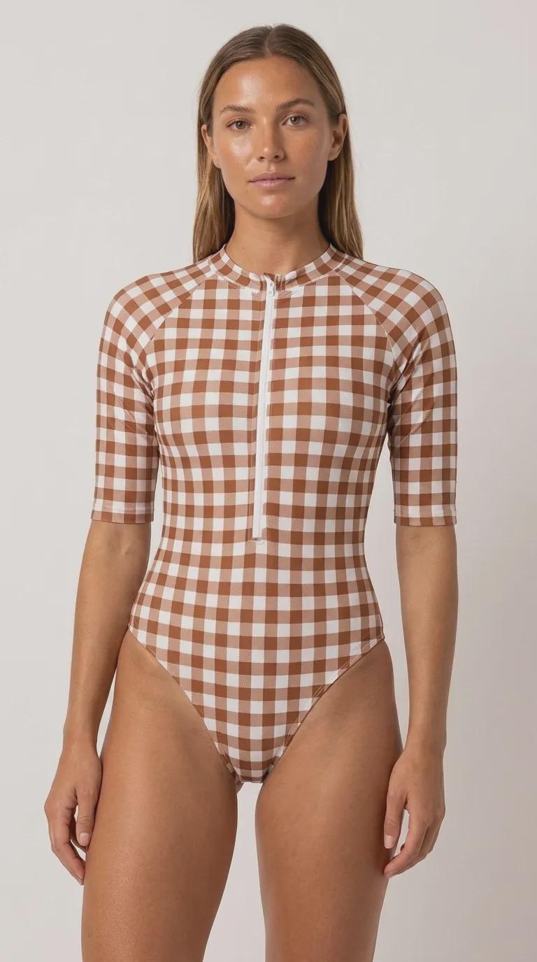 Lightweight Brown Gingham Swimsuit, Zip Front, High Leg, Rash Guard - Unlined