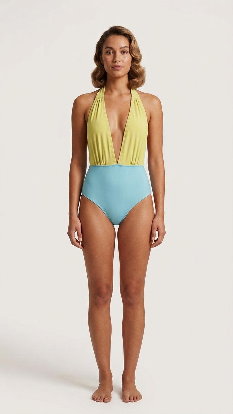 Monroe Deep V Plunge Halter One-Piece Swimsuit - High-Waist Sexy Swimwear - Vanilla & Blue