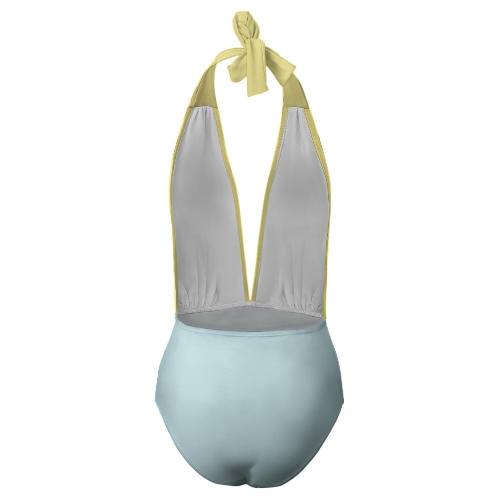 Monroe Deep V Plunge Halter One-Piece Swimsuit - High-Waist Sexy Swimwear - Vanilla & Blue