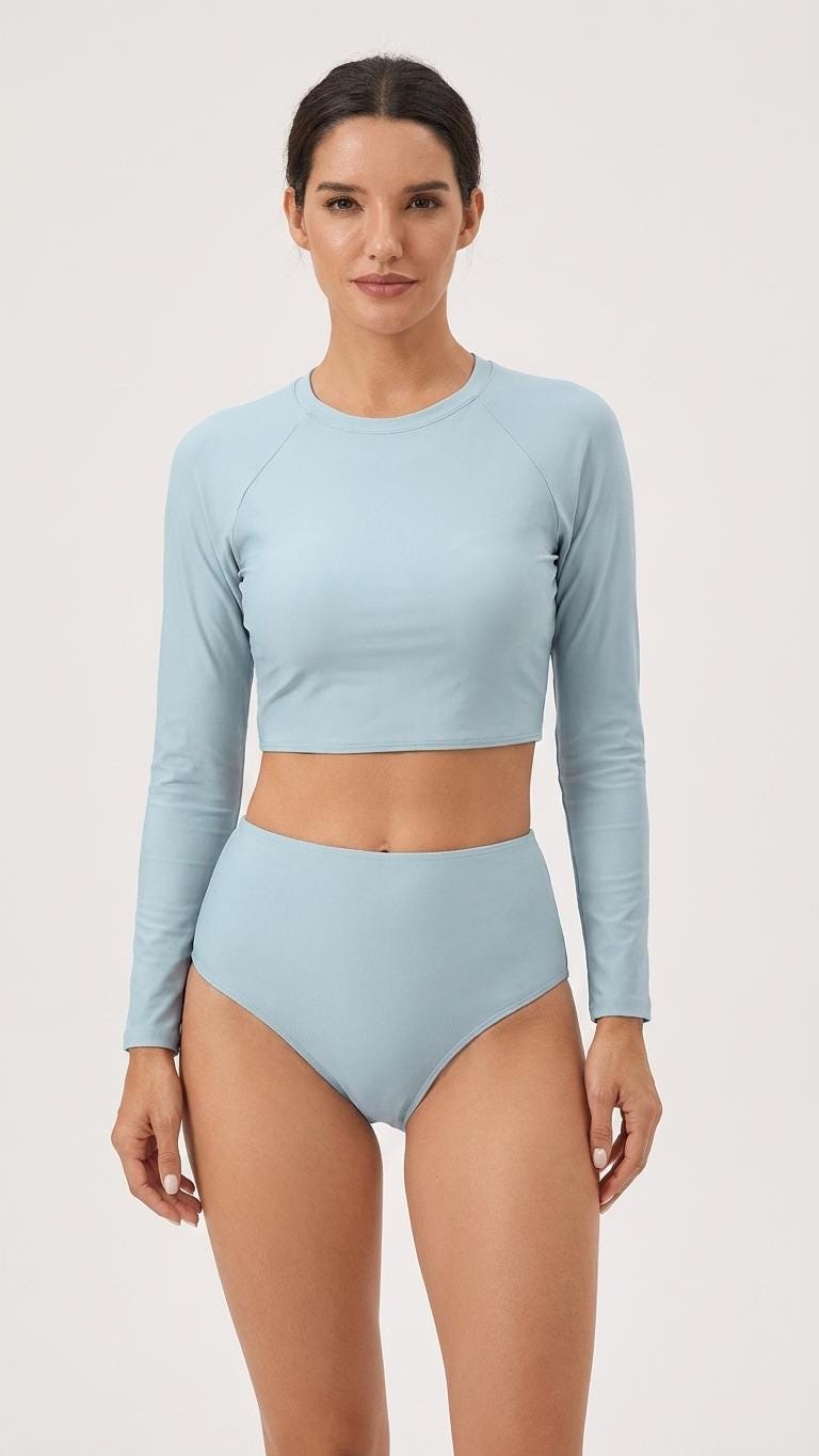 Retro Raglan Crop Top Bikini, High Waist Swimsuit, 70s Style, Powder Blue