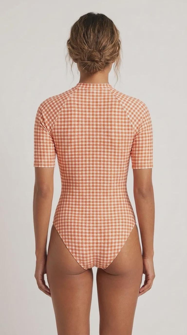Lightweight Red Gingham Swimsuit, Zip Front, High Leg, Rash Guard- Unlined