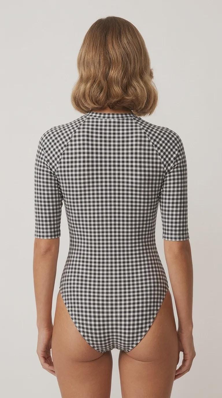 Lightweight Black Gingham Checkered Retro Swimsuit, Front-Zip High-Leg Rash-Guard- Unlined