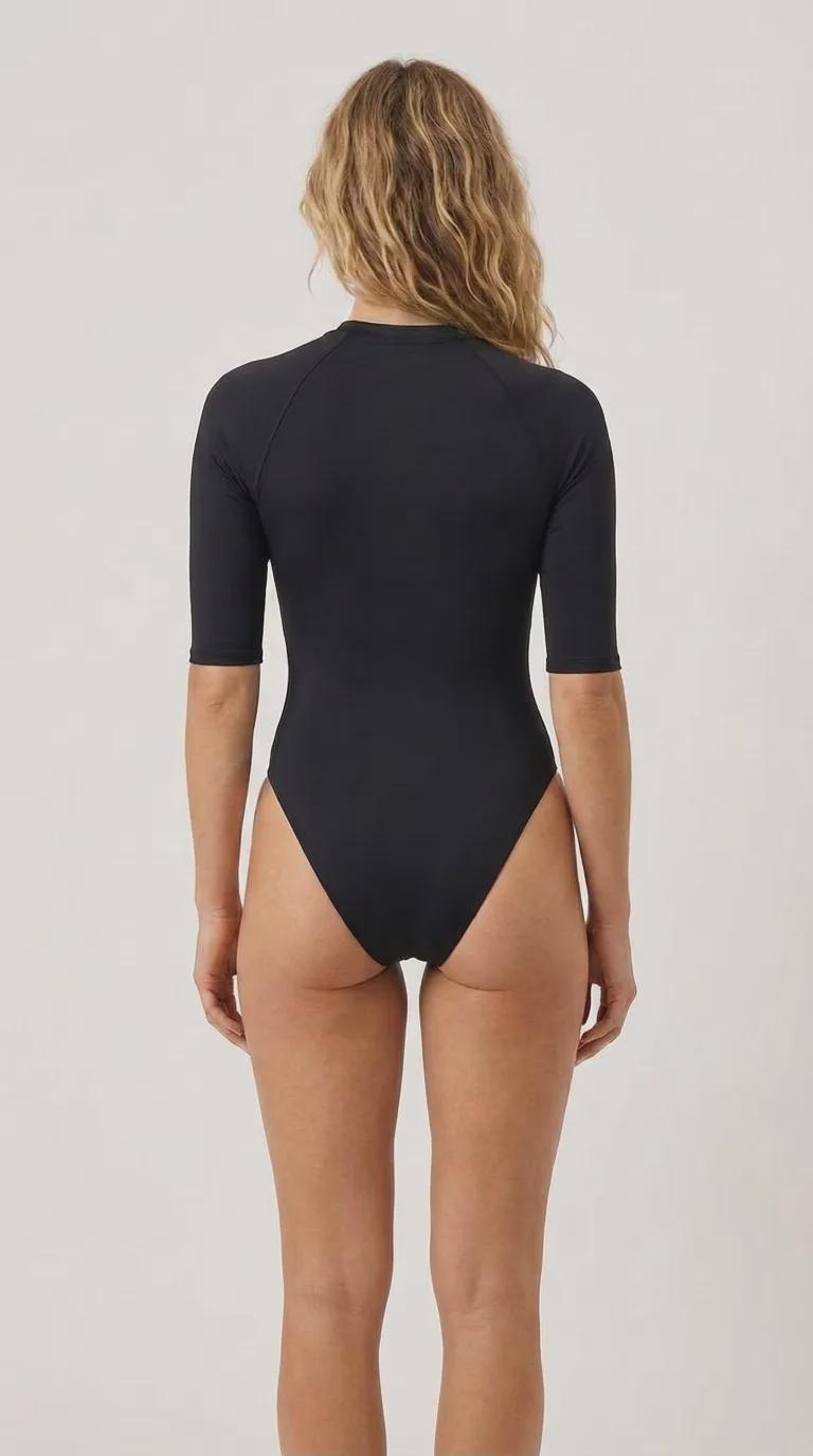 Lightweight Minimalist Retro One-Piece Swimsuit, Front-Zip High-Leg Rash Guard, Black - Unlined