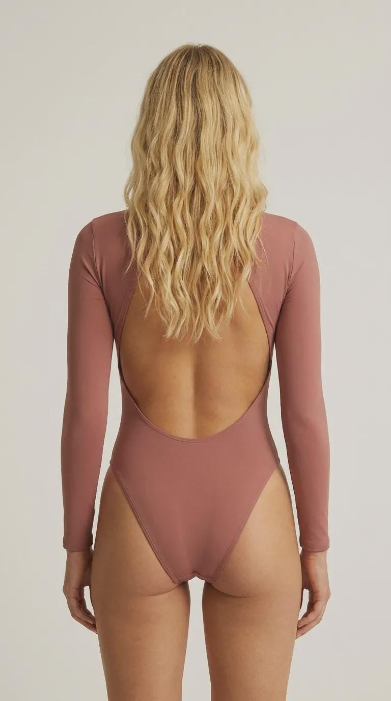Mauve Long-Sleeve Swimsuit with Open Back - Front-Lined & Padded