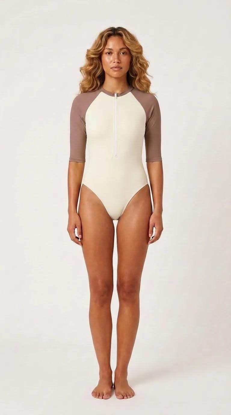 Two-Tone Classic Retro Lightweight One-Piece Swimsuit, Zip Front, High Leg, Rash Guard - Unlined